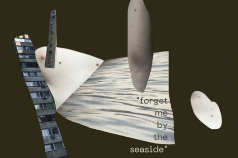 abstrakte Collage mit Text "forget me by the seaside" auf dunklem Hintergrund