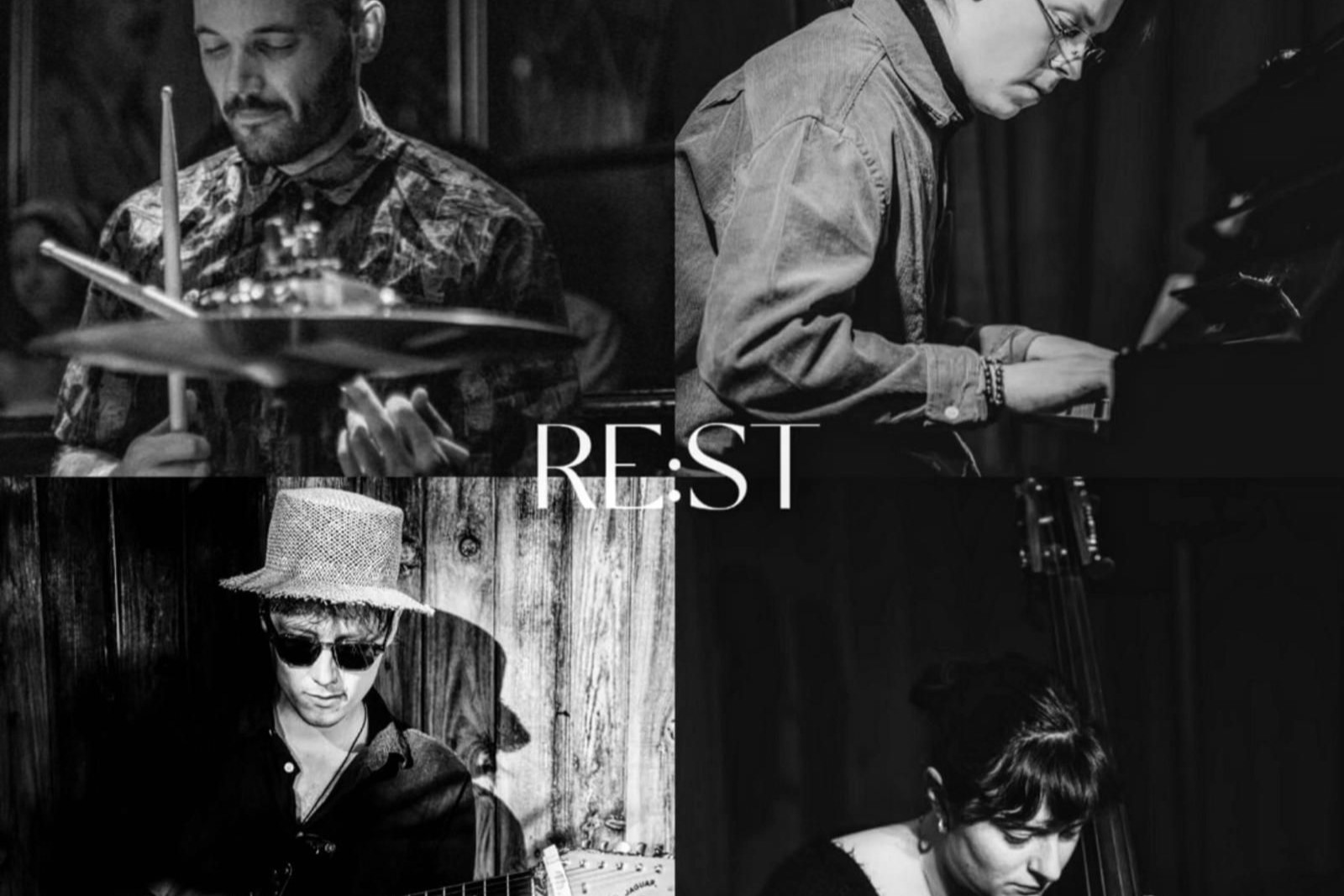 Collage aus Musizierenden, Schriftzug REST